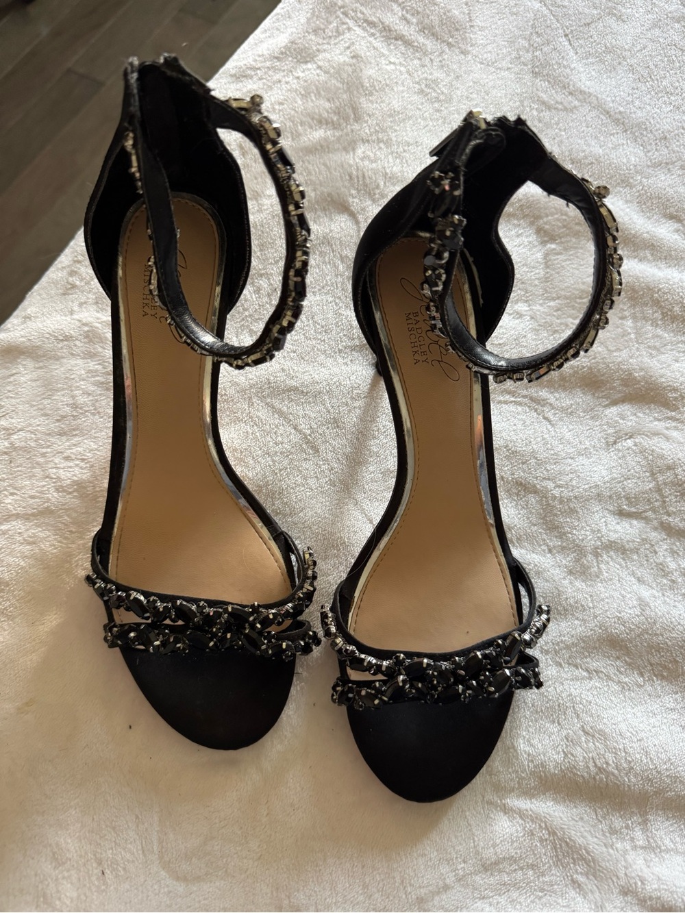 Jewel Badgley Mischka Black Jeweled Ankle-Strap Heels